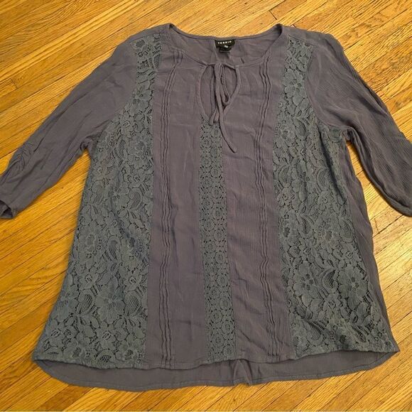 Torrid Grey Gauze Lace Inset Tie Front Blouse - Picture 1 of 5